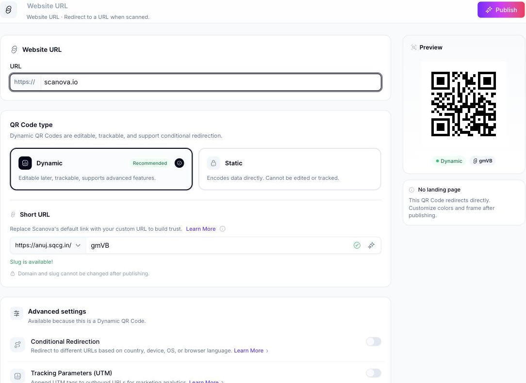 Website-URL-Quick-Code-Formular mit dem ausgefüllten URL-Feld scanova.io, der Auswahl des QR-Code-Typs Dynamic/Static, dem Bereich Short URL und erweiterten Einstellungen für Conditional Redirection und UTM-Tracking