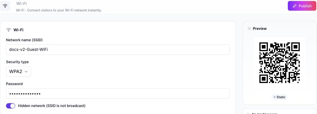 Wi-Fi Quick Code 表单,已填写网络名称 docs-v2-Guest-WiFi、WPA2 安全类型、一个密码,Hidden network 开关已开启——已出现 QR 预览,Publish 按钮现已启用