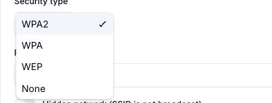 Wi-Fi Quick Code form with the Security type dropdown open, showing WPA2 (checked), WPA, WEP