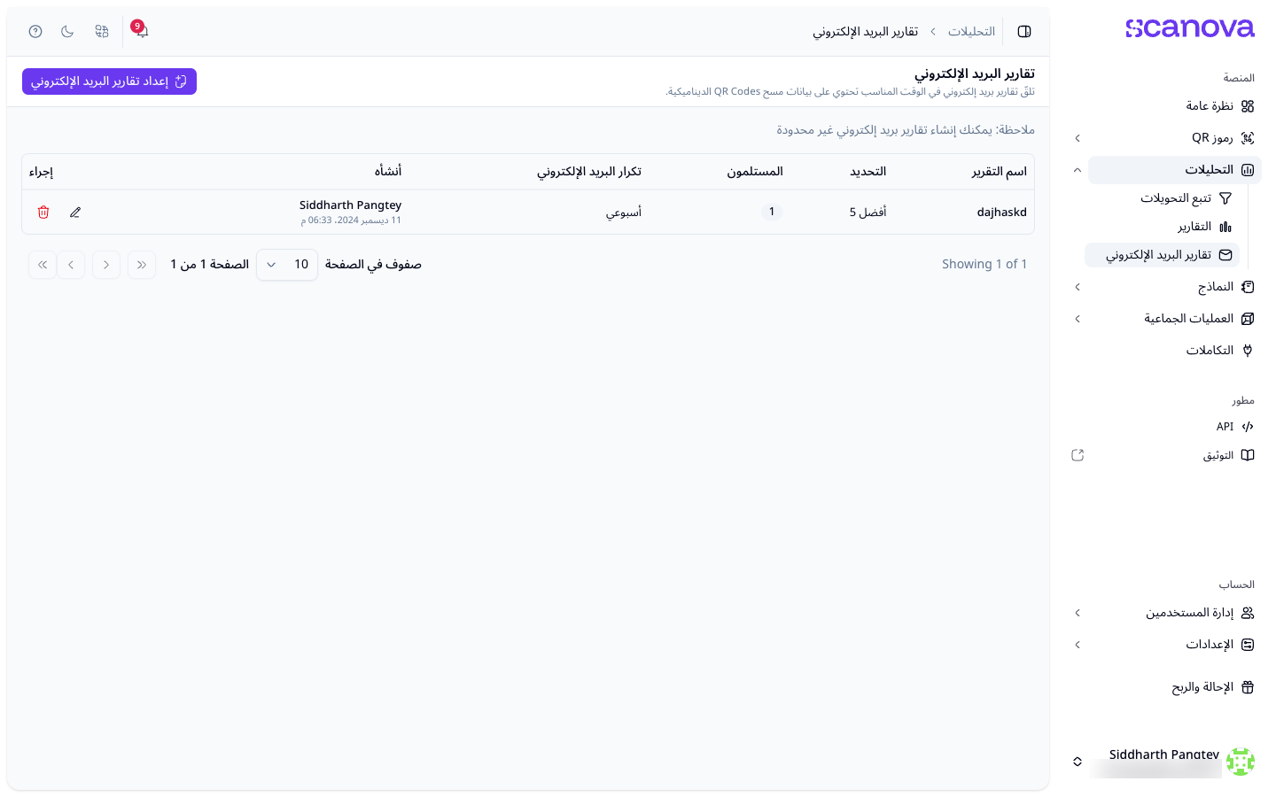 قائمة تقارير البريد الإلكتروني مع الاسم والاختيار والمستلمين والتكرار