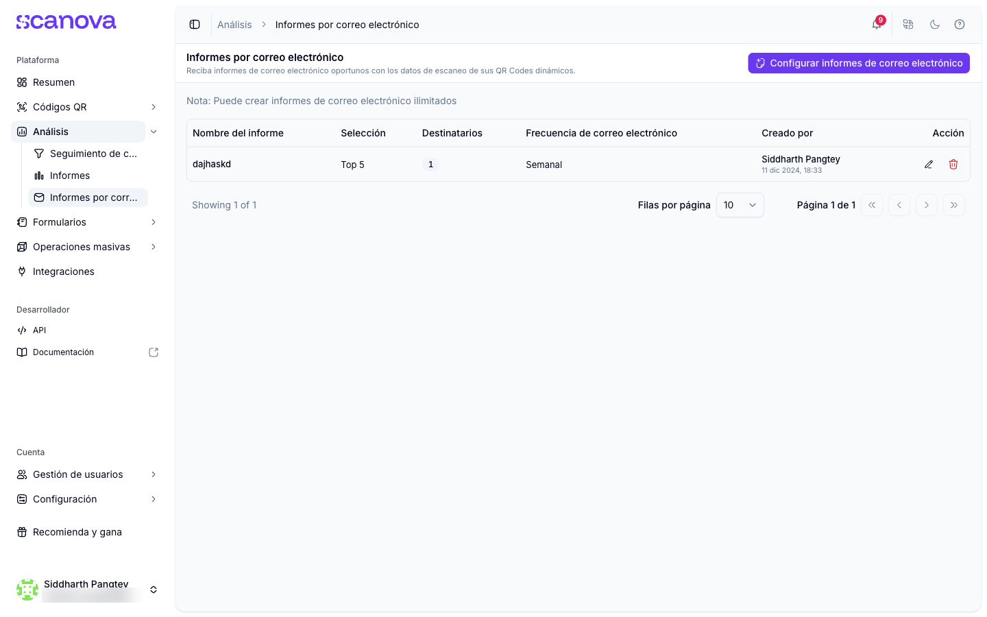 Lista de informes por correo con nombre, selección, destinatarios y frecuencia