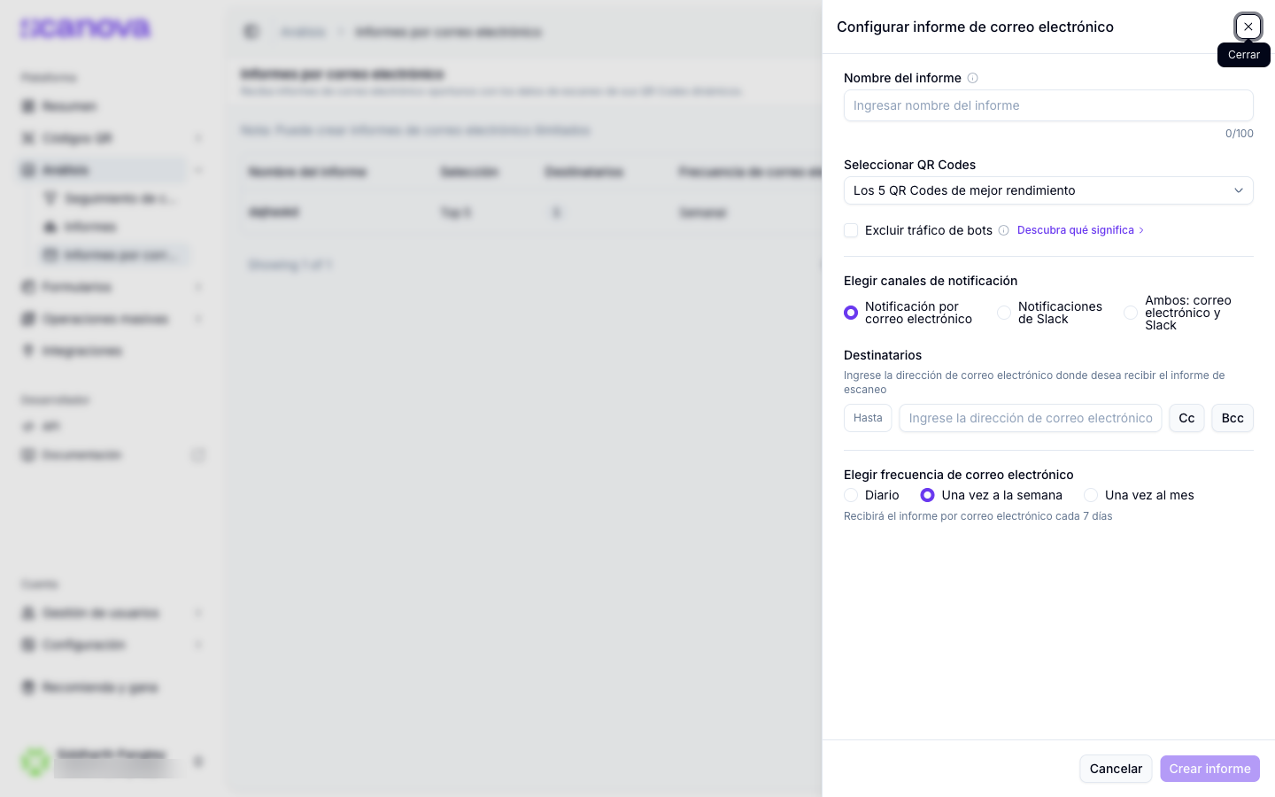 Panel de configuración de un informe por correo con horario y destinatarios