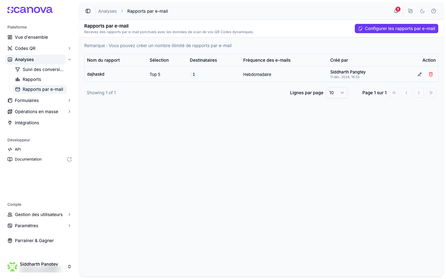 Liste des rapports par e-mail avec nom, sélection, destinataires et fréquence