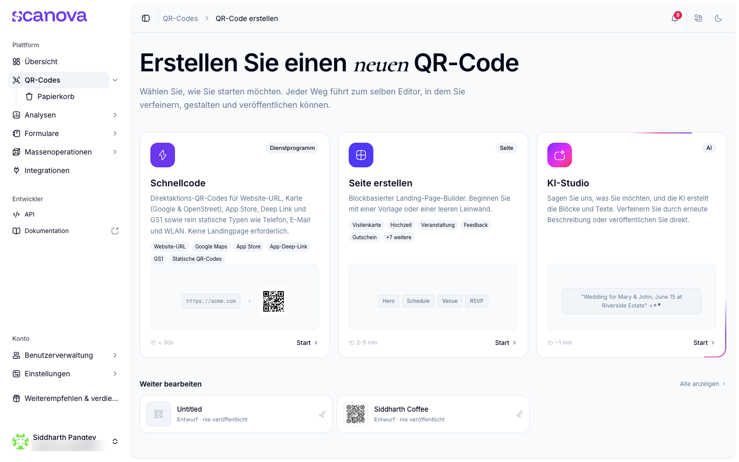 Create-QR-Code-Hub mit den drei Ausgangspunkten als Karten