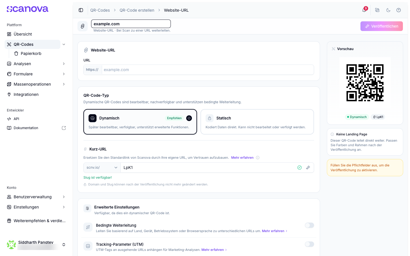 Website-URL-Formular mit eingetragener URL und automatisch erzeugter Short URL