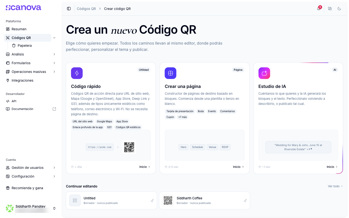 Hub de creación de códigos QR con los tres puntos de partida en tarjetas