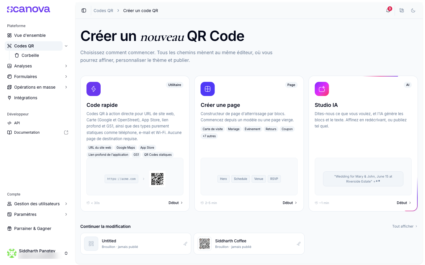 Hub de création de QR Codes avec les trois points de départ en cartes