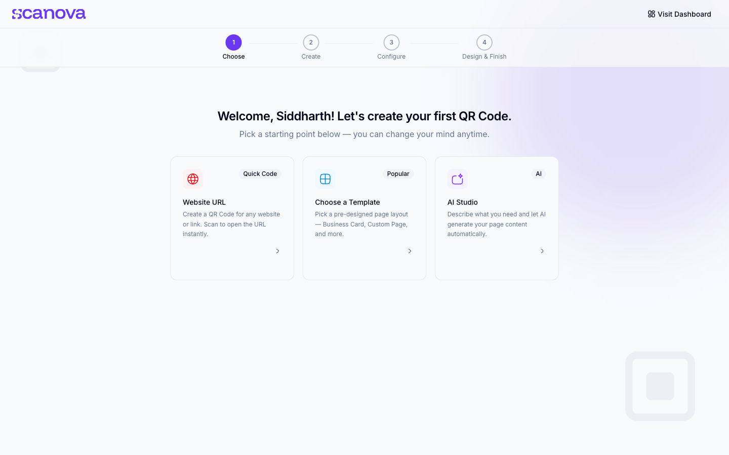 Onboarding wizard step 1, Choose, with Website URL, Choose a Template, and AI Studio starting points