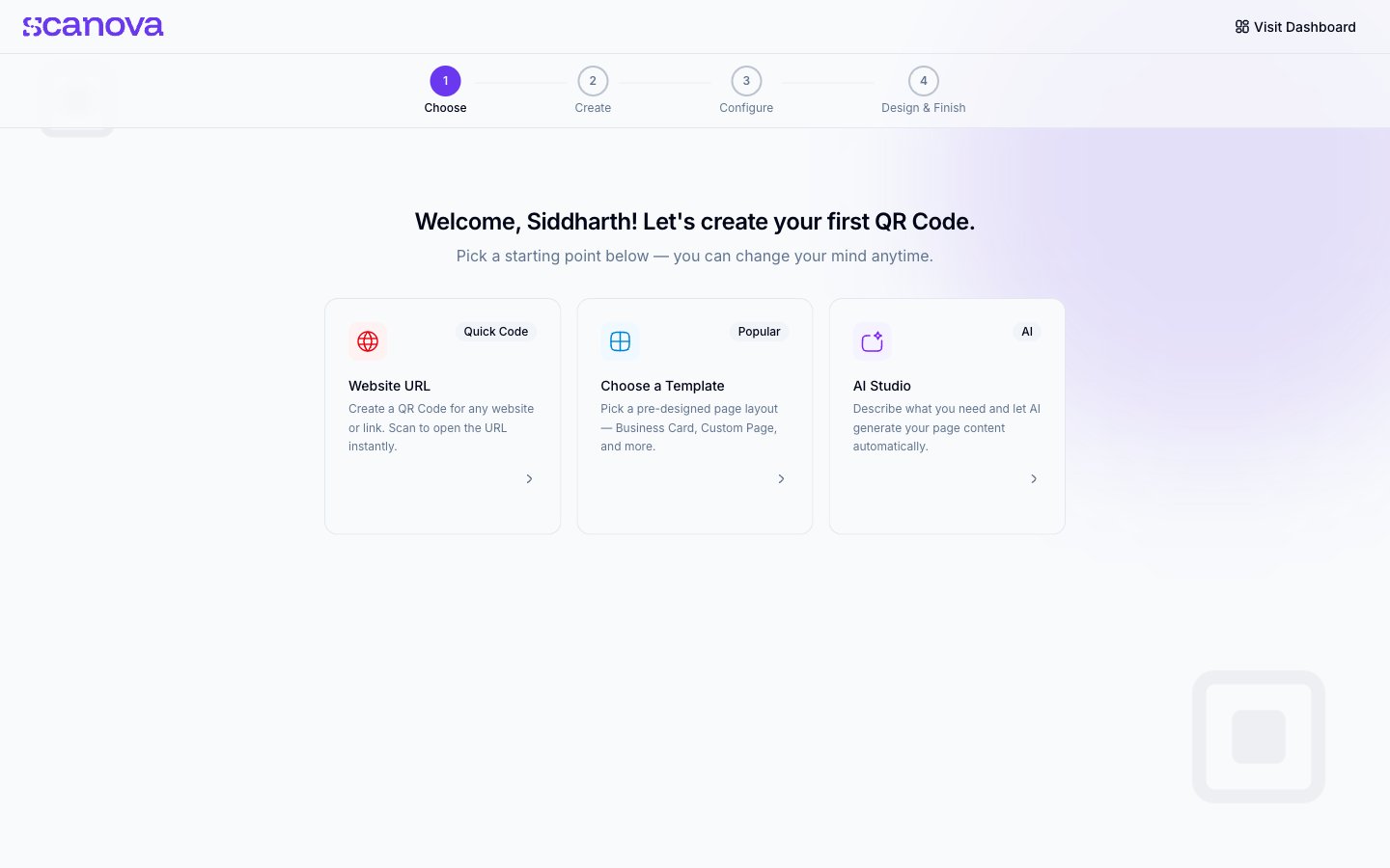 Onboarding wizard step 1, Choose, with Website URL, Choose a Template, and AI Studio starting points