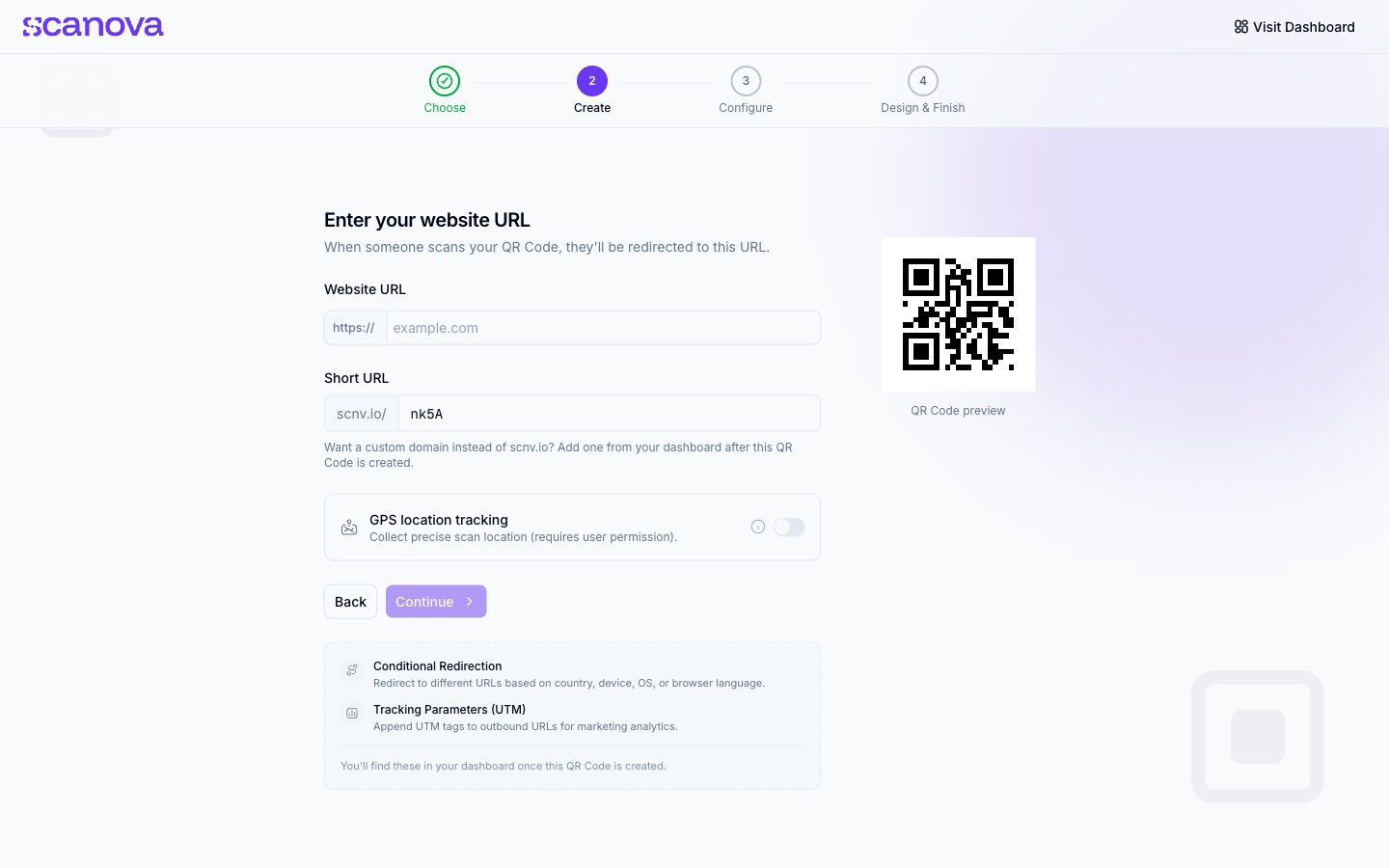 Onboarding wizard step 2, Create, with the website URL field, short URL, and GPS tracking toggle