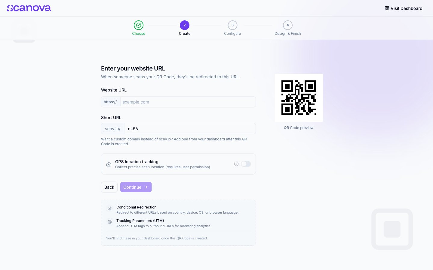 Onboarding wizard step 2, Create, with the website URL field, short URL, and GPS tracking toggle