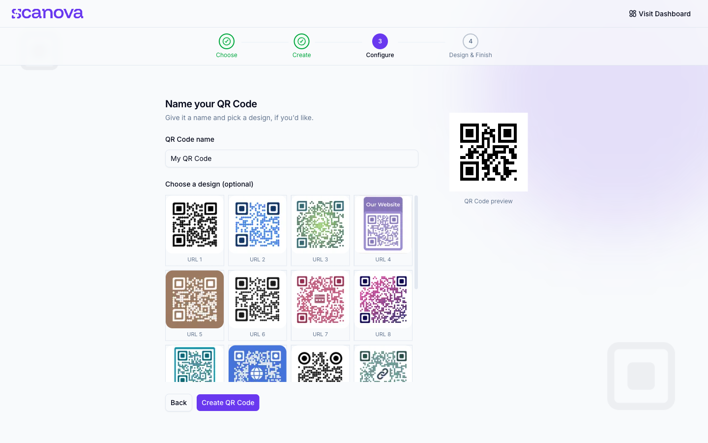 Onboarding wizard step 3, Configure, naming the QR Code and picking an optional design