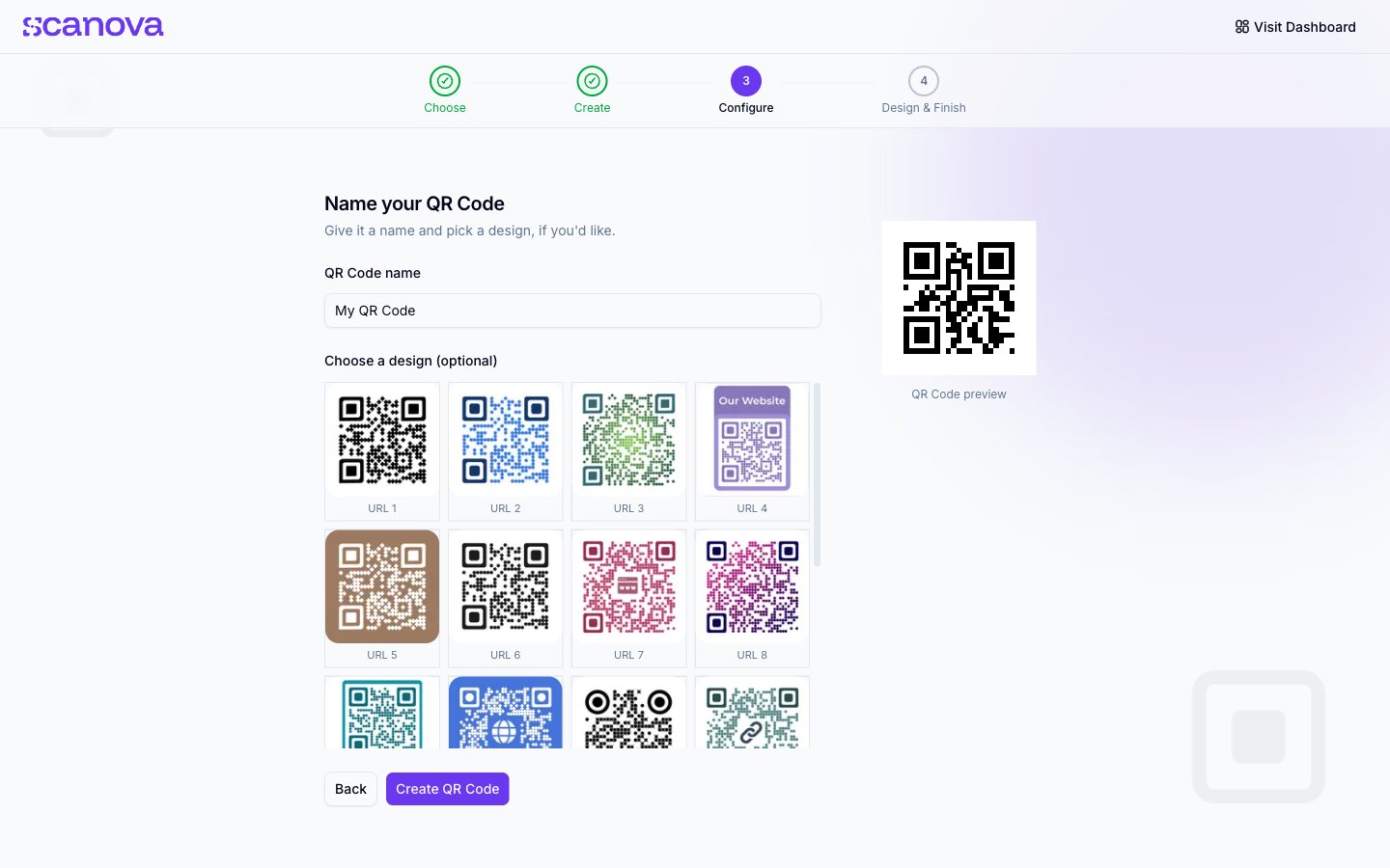 Onboarding wizard step 3, Configure, naming the QR Code and picking an optional design