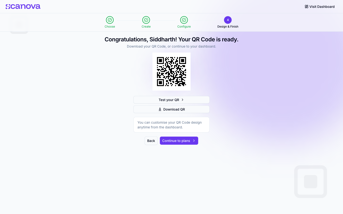 Onboarding wizard step 4, Design and Finish, with the finished QR Code and download options