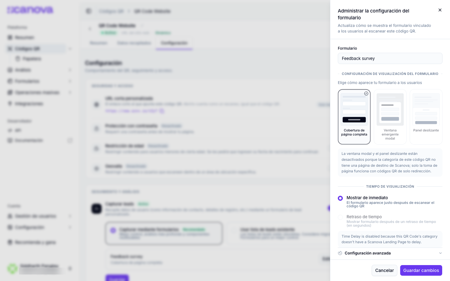 Administrar la configuración del formulario con Cobertura de página completa seleccionada