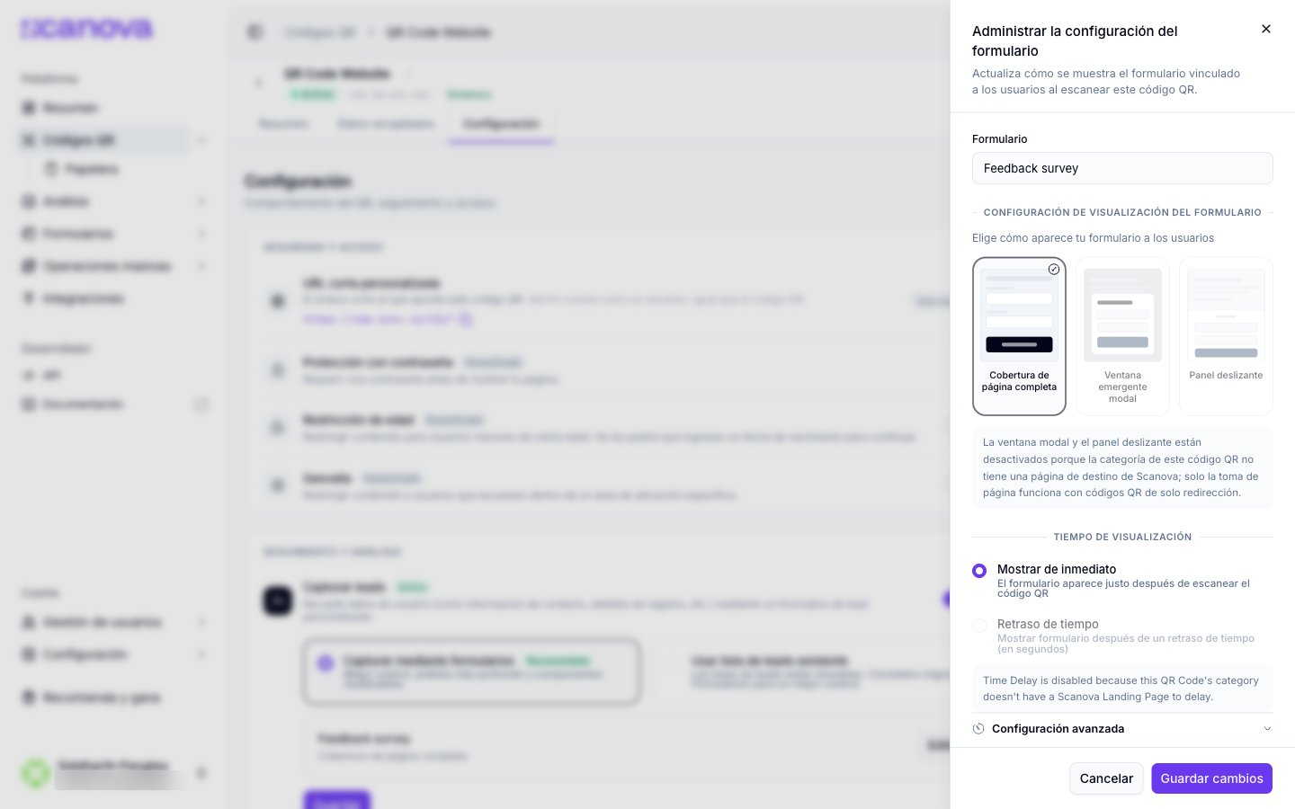 Administrar la configuración del formulario con Cobertura de página completa seleccionada
