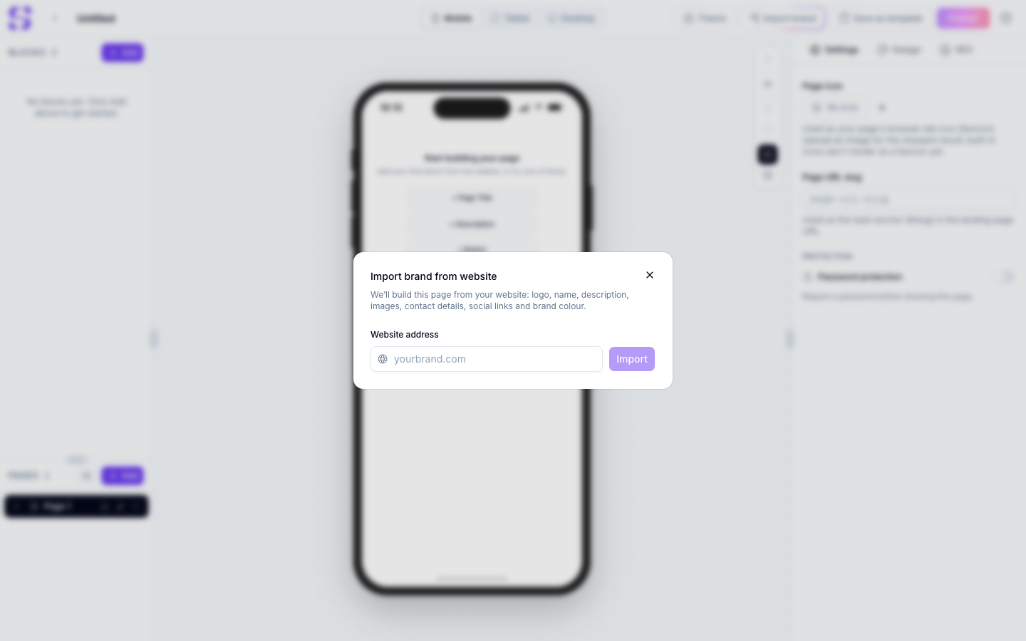 Import brand from website dialog with a Website address field and an Import button