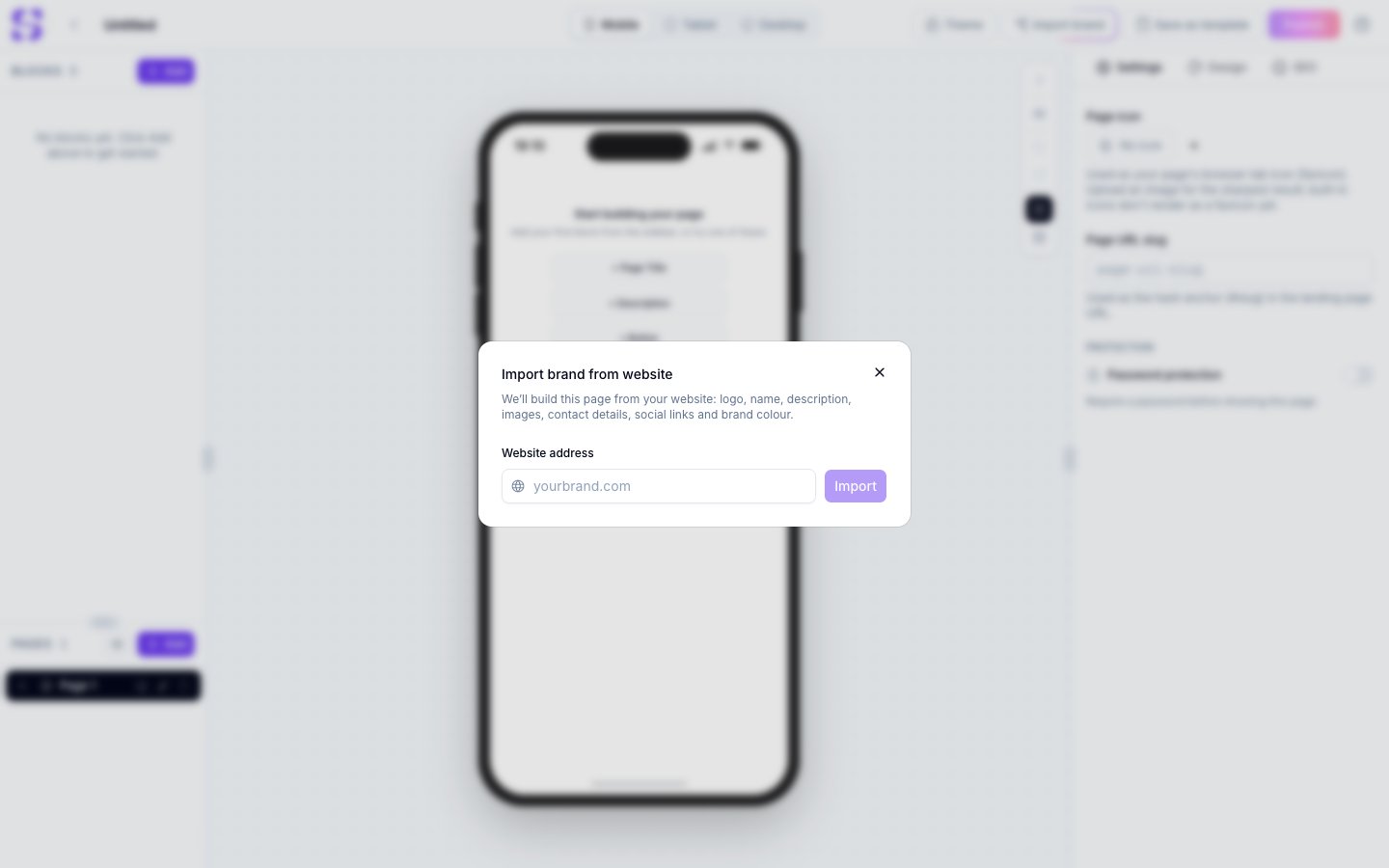 Import brand from website dialog with a Website address field and an Import button