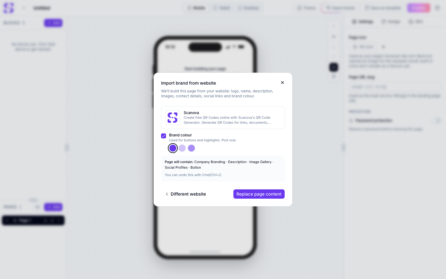 Import preview with the site logo and name, brand colour swatches, and the list of blocks to be added
