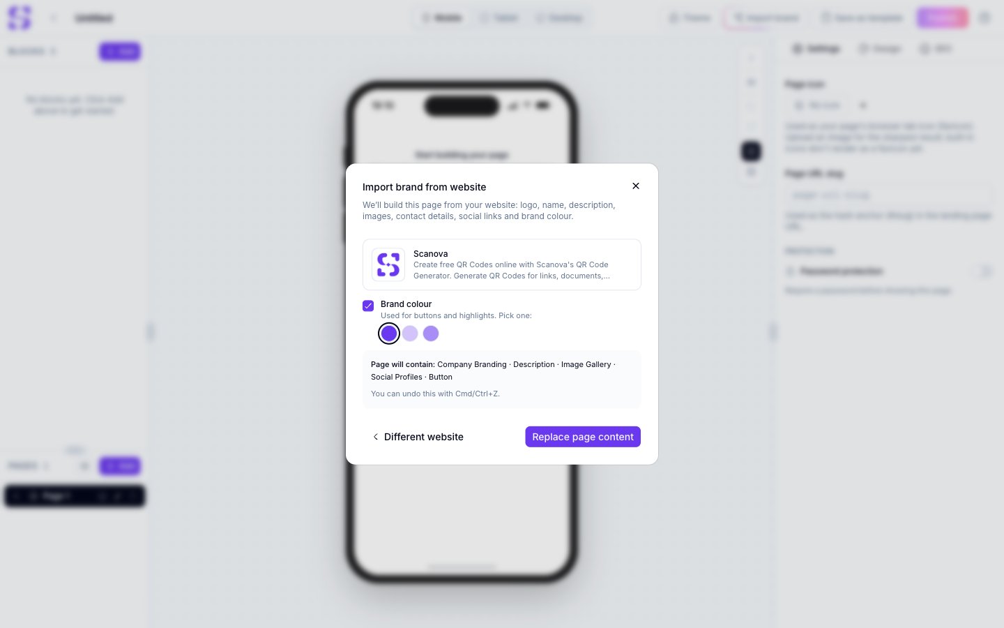 Import preview with the site logo and name, brand colour swatches, and the list of blocks to be added