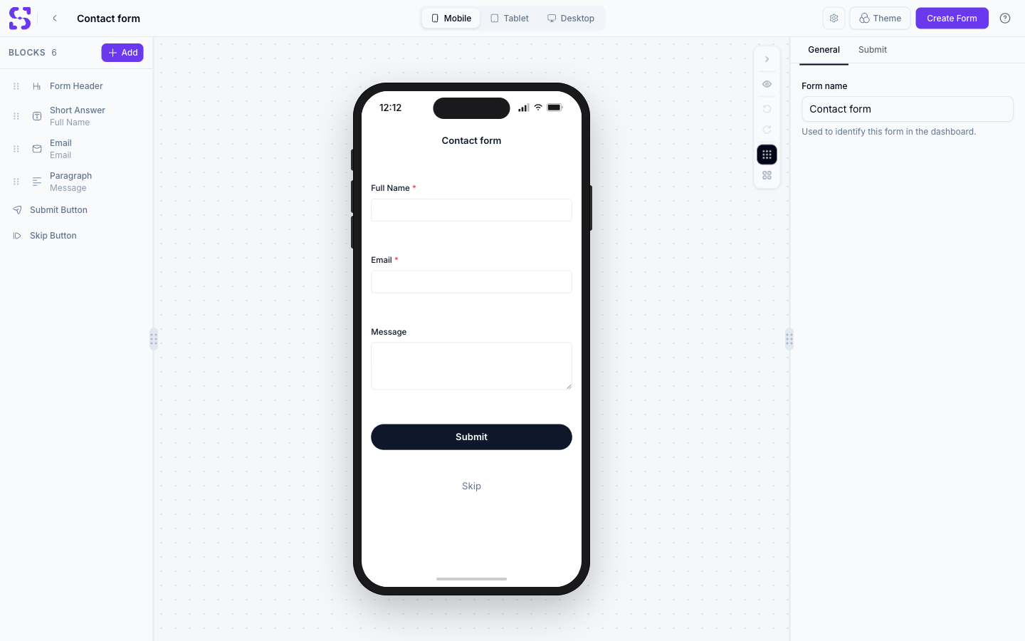 أداة بناء النماذج تعرض قالب Contact form مع كتل Form Header وShort Answer (Full Name) وEmail وParagraph (Message) وSubmit Button وSkip Button في قائمة BLOCKS اليسرى، ومعاينة حية على الجوال