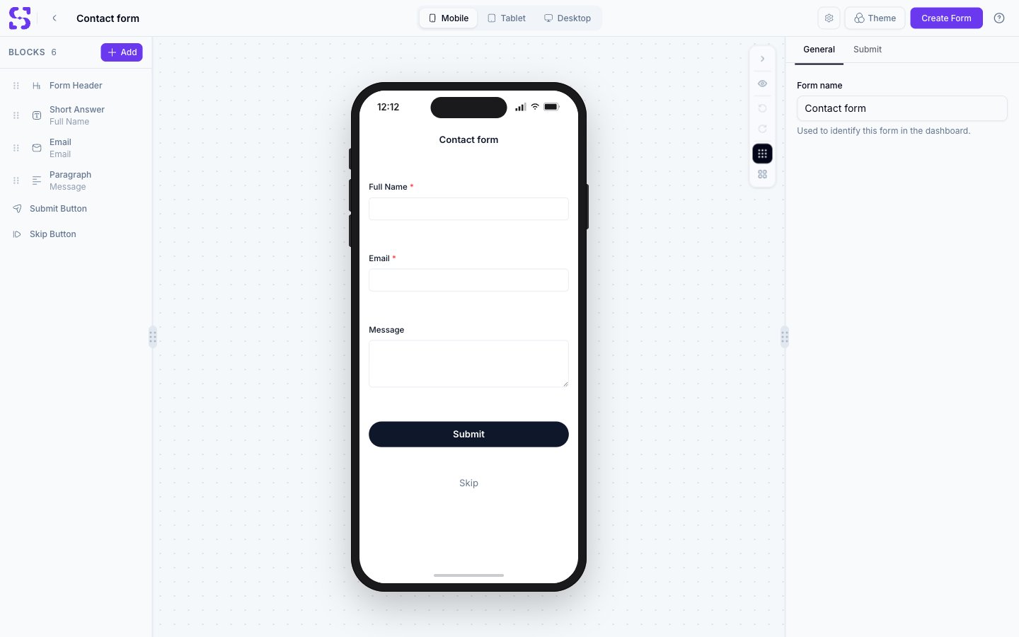 表单构建器显示 Contact form 模板,左侧 BLOCKS 列表中包含 Form Header、Short Answer (Full Name)、Email、Paragraph (Message)、Submit Button 和 Skip Button 区块,以及一个实时移动端预览