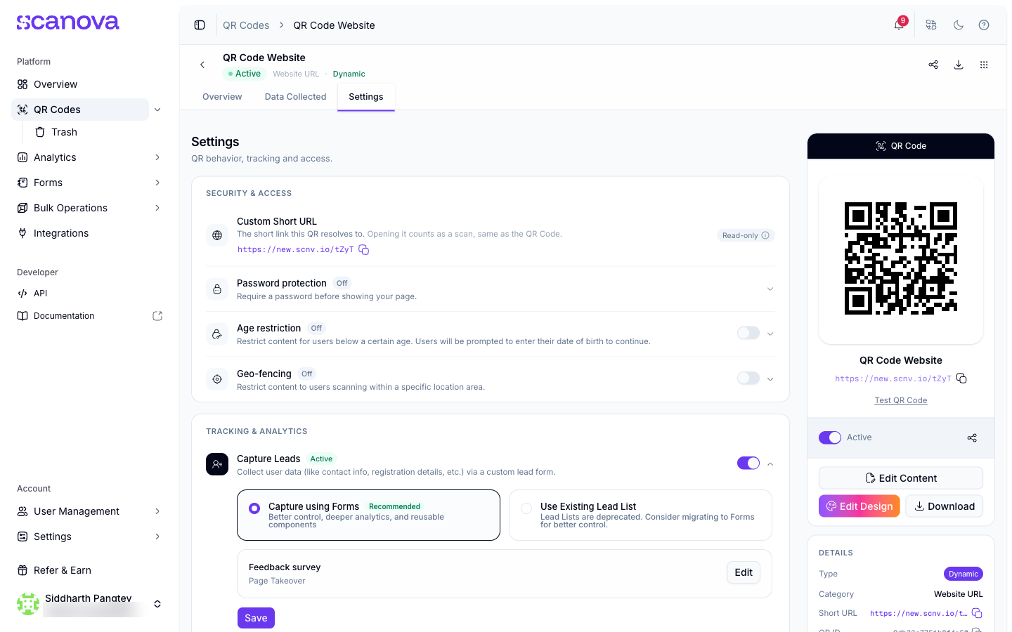 علامة تبويب Settings لرمز QR مع تفعيل Capture Leads، تعرض خيارين: Capture using Forms (موسوم Recommended) وUse Existing Lead List (موسوم مهجور)، بالإضافة إلى زر Link Form
