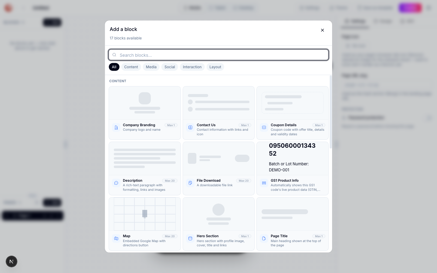 Blockauswahl „Block hinzufügen“ geöffnet im Page-Builder, mit Kategorie-Tabs und Blockkarten der Kategorie Inhalt, einschließlich GS1-Produktinfo und Hero-Bereich