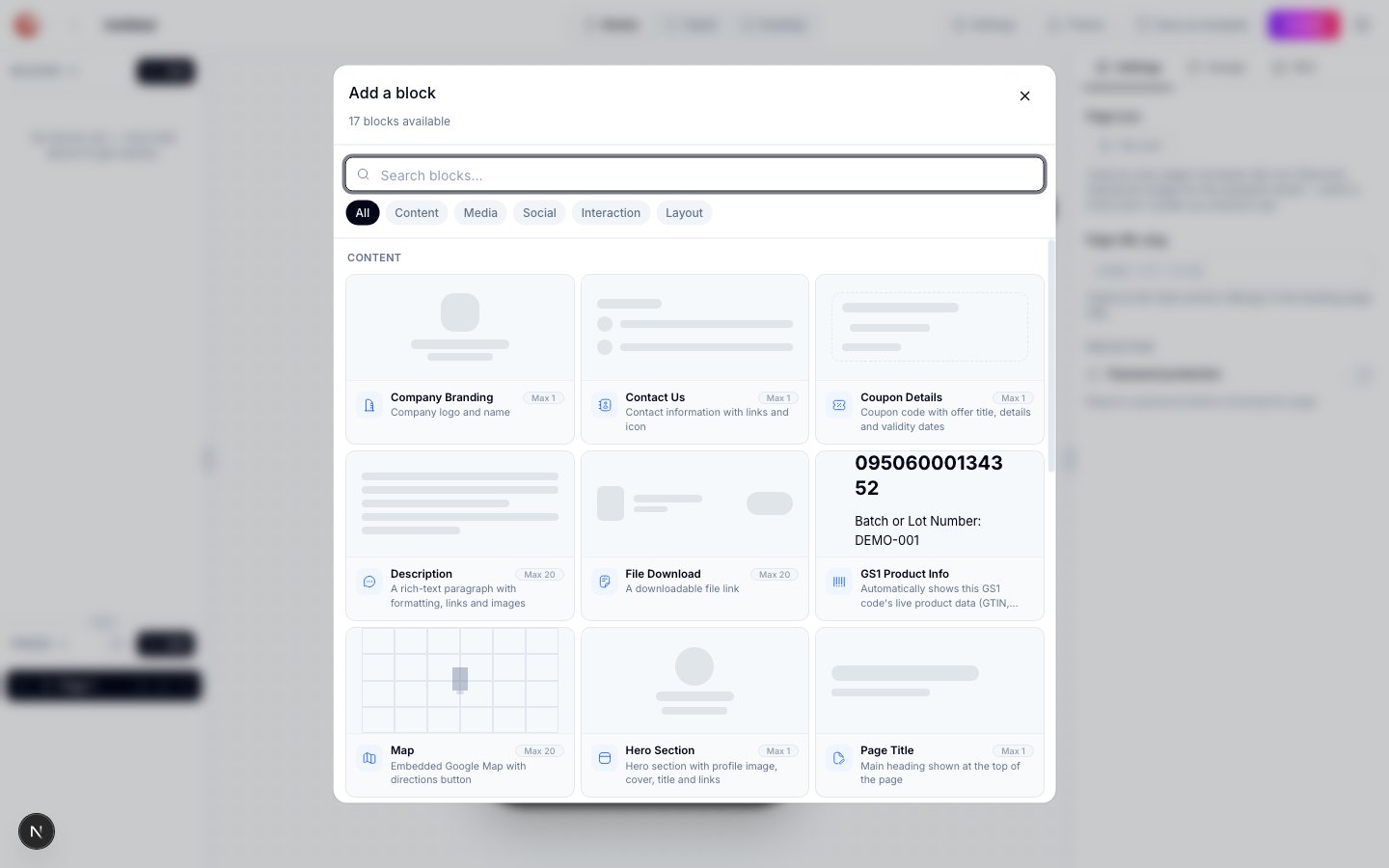 Add a block picker open in the page builder, showing category tabs and Content-category block cards including GS1 Product Info and Hero Section