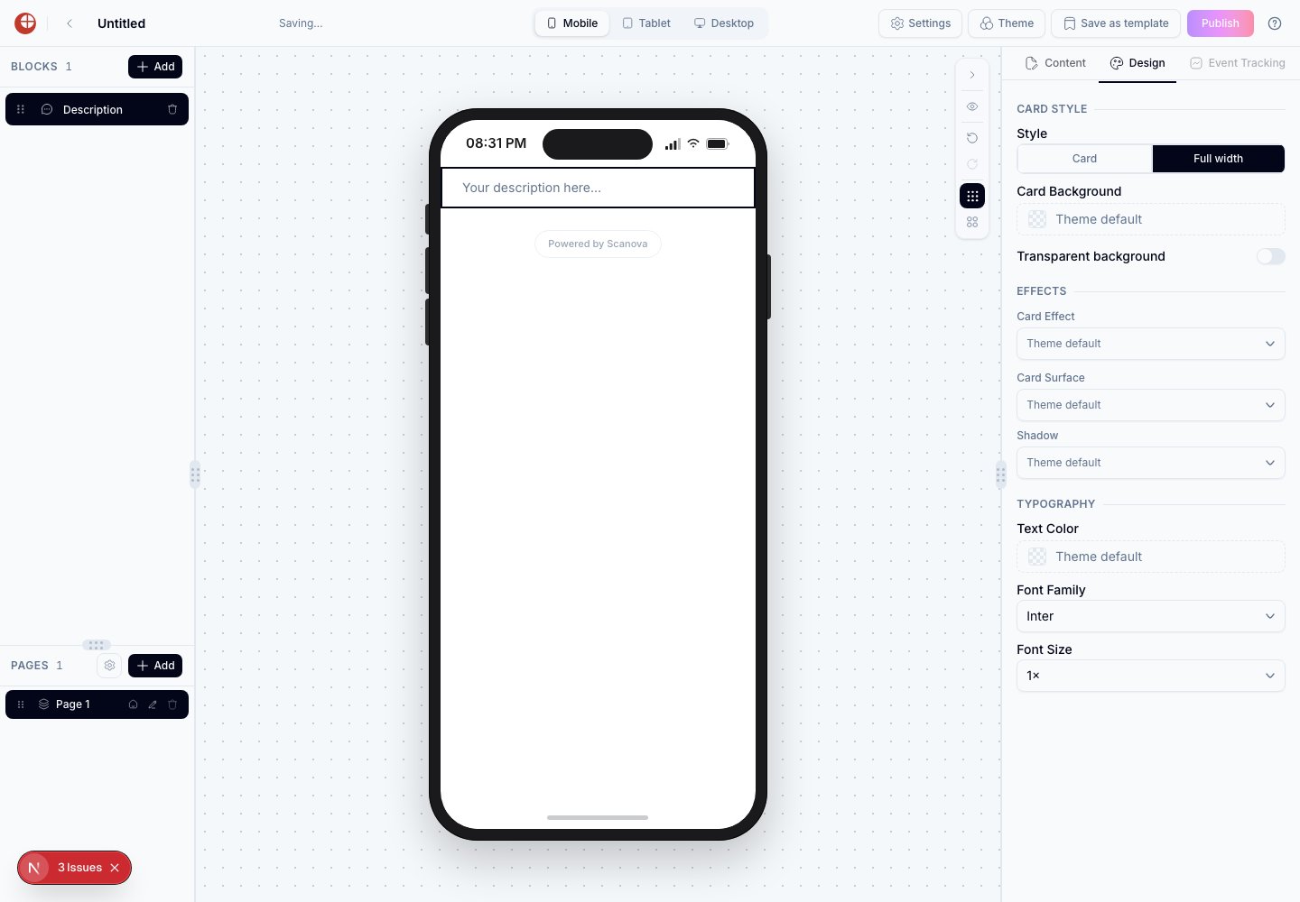 Design tab open on a Description block, showing Card Style (Style, Card Background, Transparent background), Effects (Card Effect, Card Surface, Shadow), and Typography (Text Color, Font Family, Font Size) groups