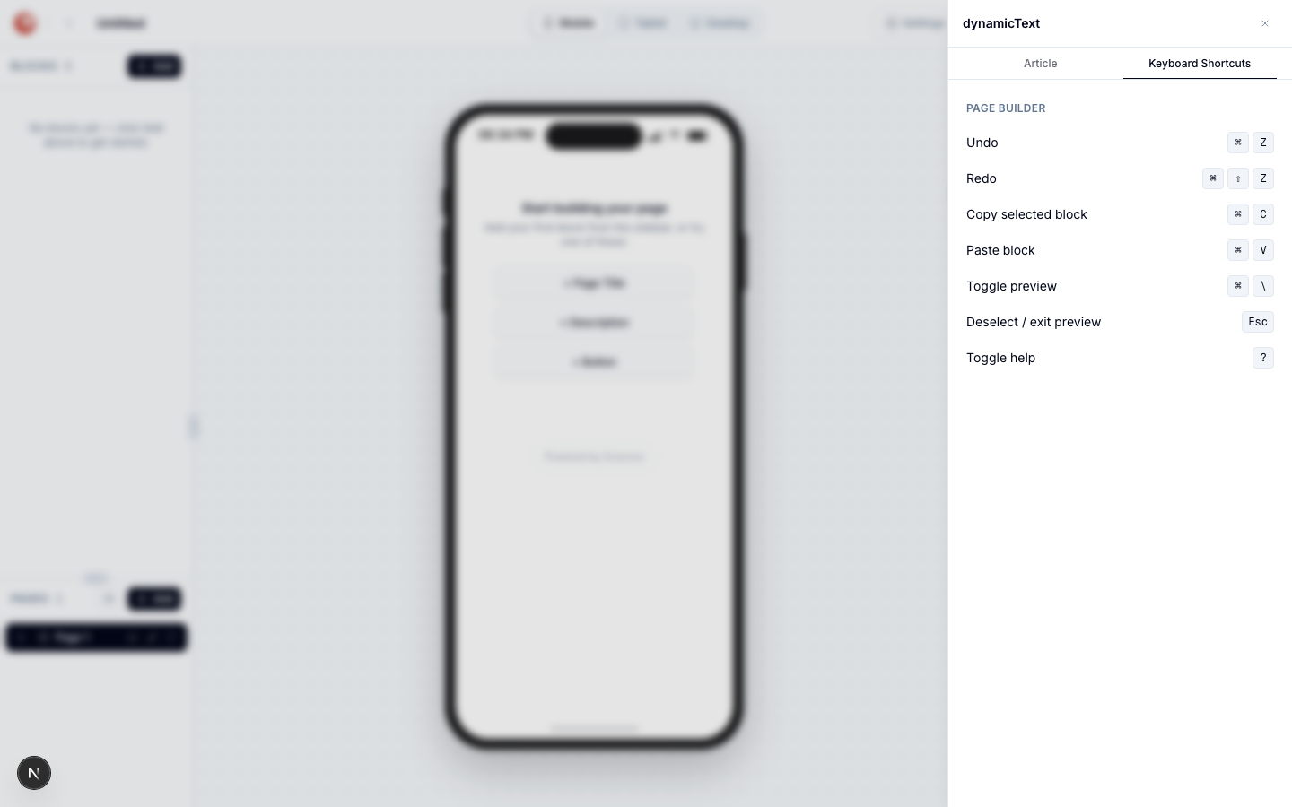 Keyboard Shortcuts tab in the page builder's Help drawer, listing Undo (Cmd Z), Redo (Cmd Shift Z), Copy selected block (Cmd C), Paste block (Cmd V), Toggle preview (Cmd backslash), Deselect / exit preview (Esc), and Toggle help (?)