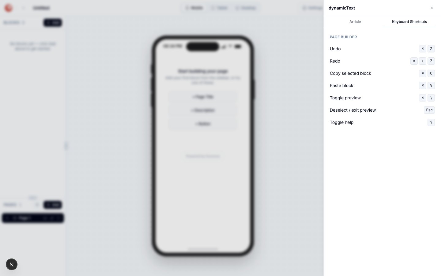 Keyboard Shortcuts tab in the page builder's Help drawer, listing Undo (Cmd Z), Redo (Cmd Shift Z), Copy selected block (Cmd C), Paste block (Cmd V), Toggle preview (Cmd backslash), Deselect / exit preview (Esc), and Toggle help (?)