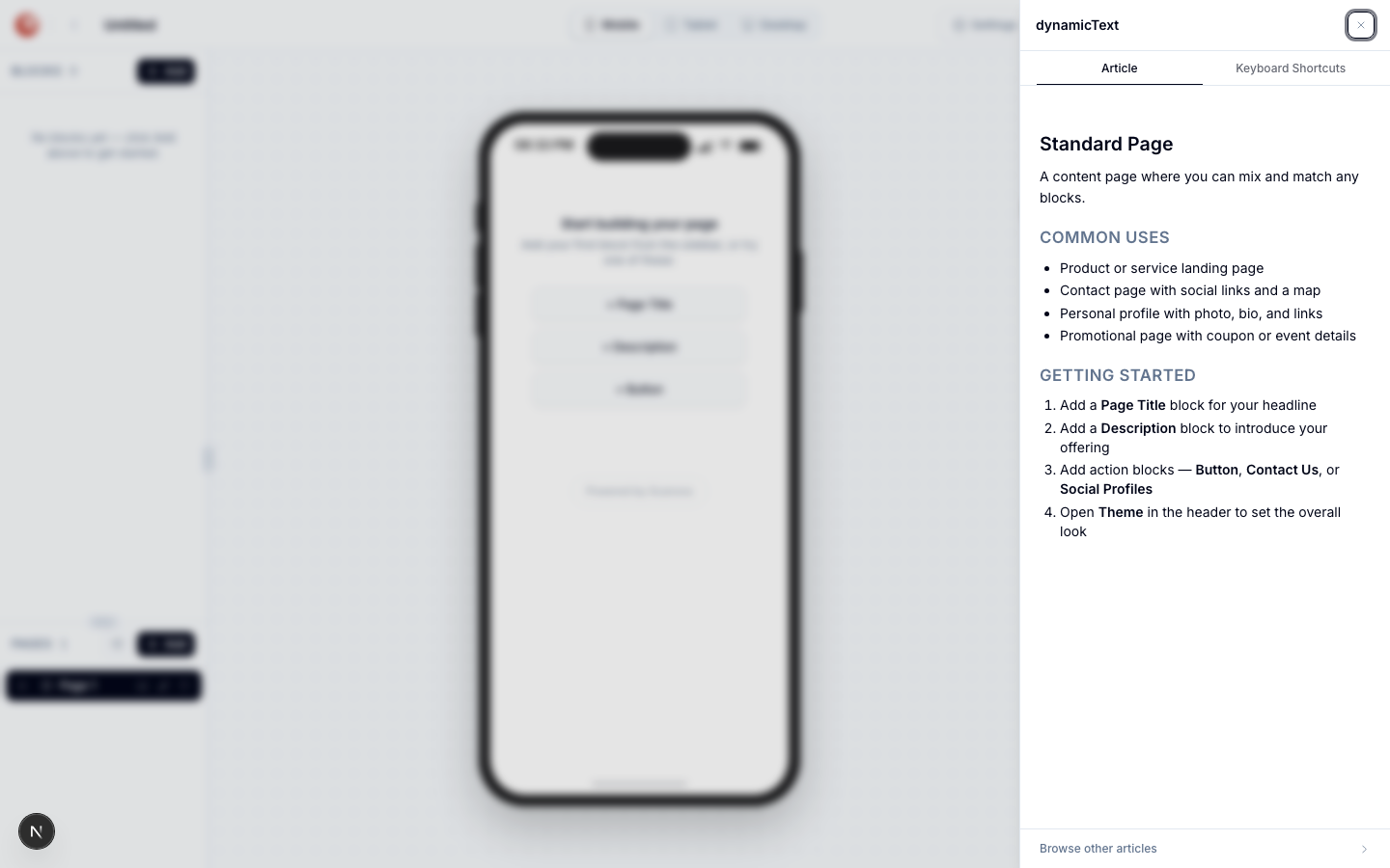 Help drawer opened via the question mark shortcut, showing its Article and Keyboard Shortcuts tabs, with the Article tab active describing the current Standard Page type