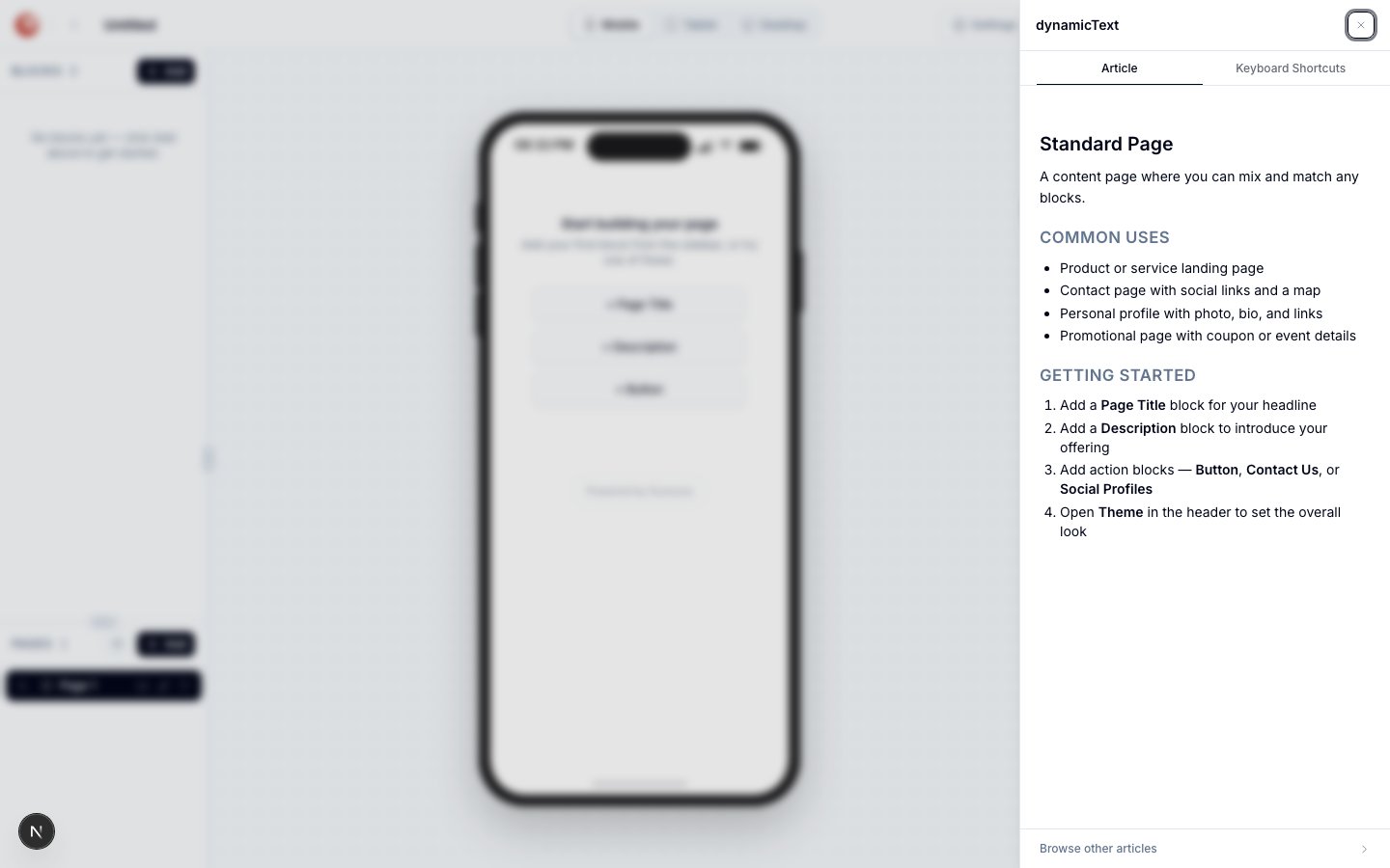 Help drawer opened via the question mark shortcut, showing its Article and Keyboard Shortcuts tabs, with the Article tab active describing the current Standard Page type