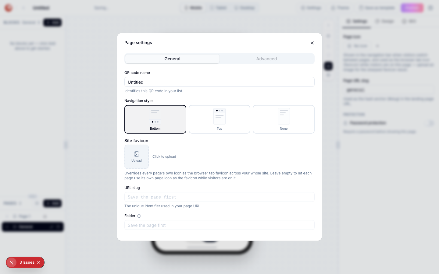 Page settings dialog showing QR code name field and a Navigation style picker with three visual cards: Bottom (selected), Top, and None
