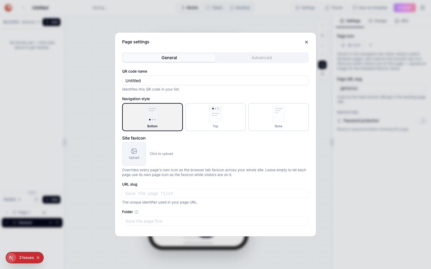 Page settings dialog showing QR code name field and a Navigation style picker with three visual cards: Bottom (selected), Top, and None