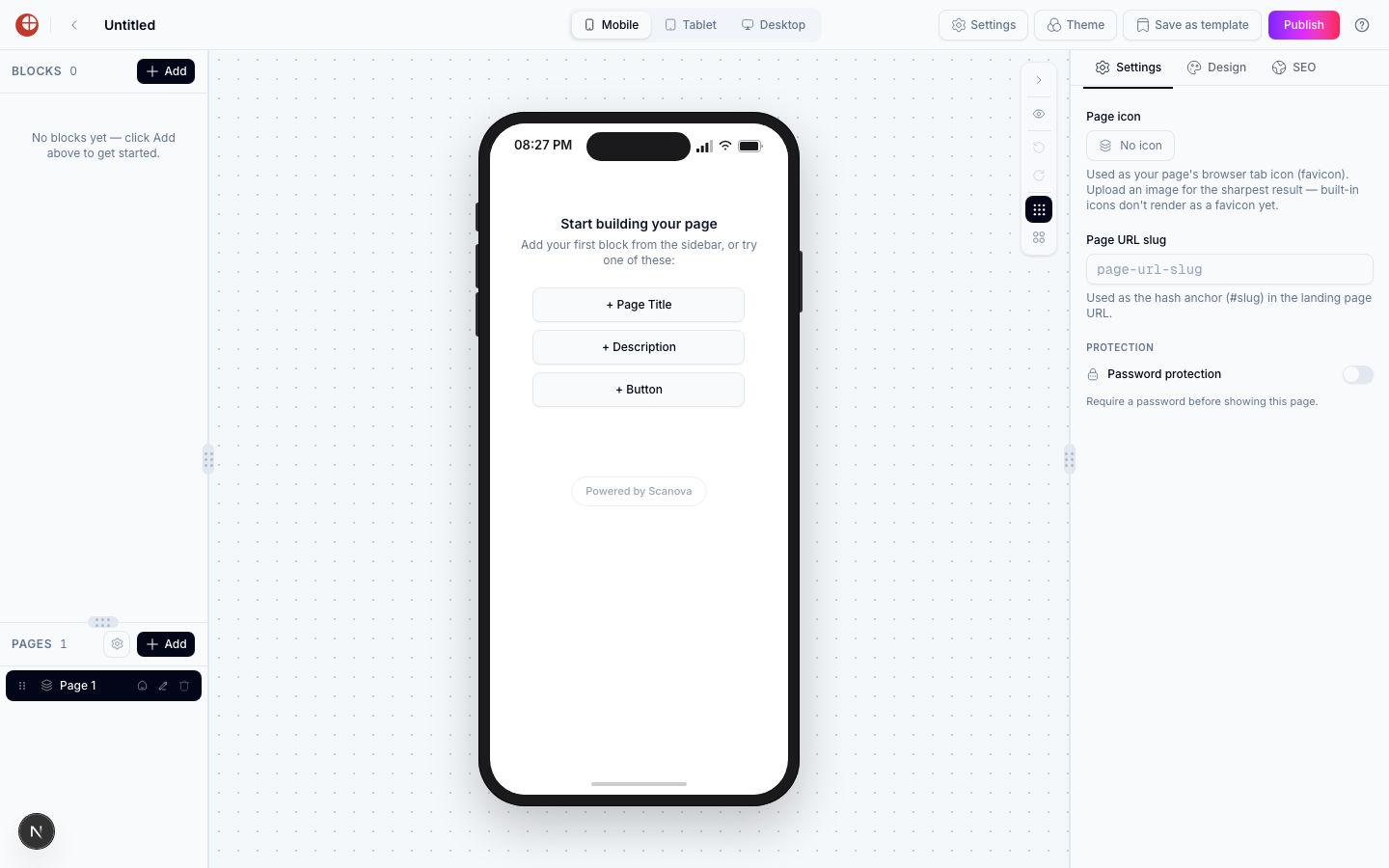 Page builder editor showing an empty Blocks list and Pages list on the left, a mobile canvas preview in the center with quick-add buttons for Page Title, Description, and Button, and a right-hand Settings panel with Page icon, Page URL slug, and Password protection fields