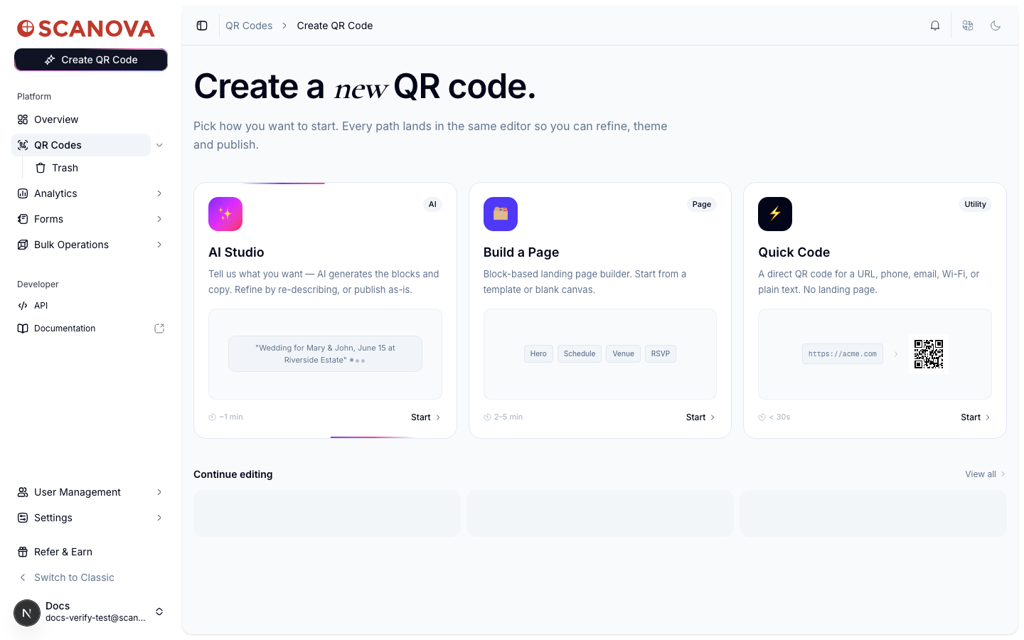 Create a new QR code screen showing three cards: AI Studio, Build a Page, and Quick Code, each with an estimated time and a Start button