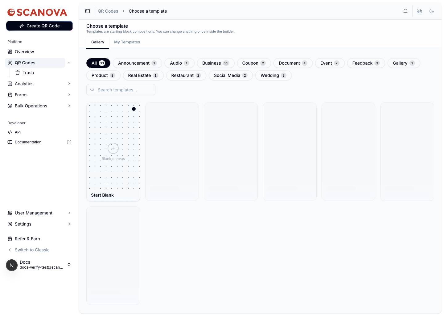 Choose a template screen with category filter chips (All, Announcement, Audio, Business, Coupon, Document, Event, Feedback, Gallery, Product, Real Estate, Restaurant, Social Media, Wedding) and a Start Blank card