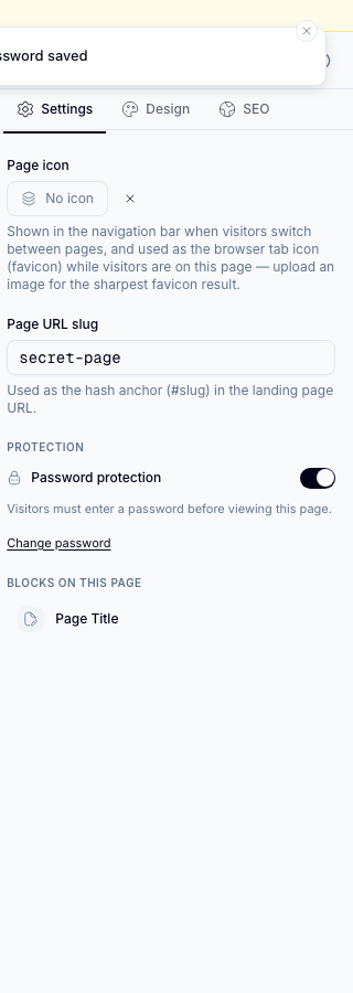 Page settings panel showing a Password saved toast, the Password protection toggle switched on, updated helper text reading 'Visitors must enter a password before viewing this page', and a Change password link