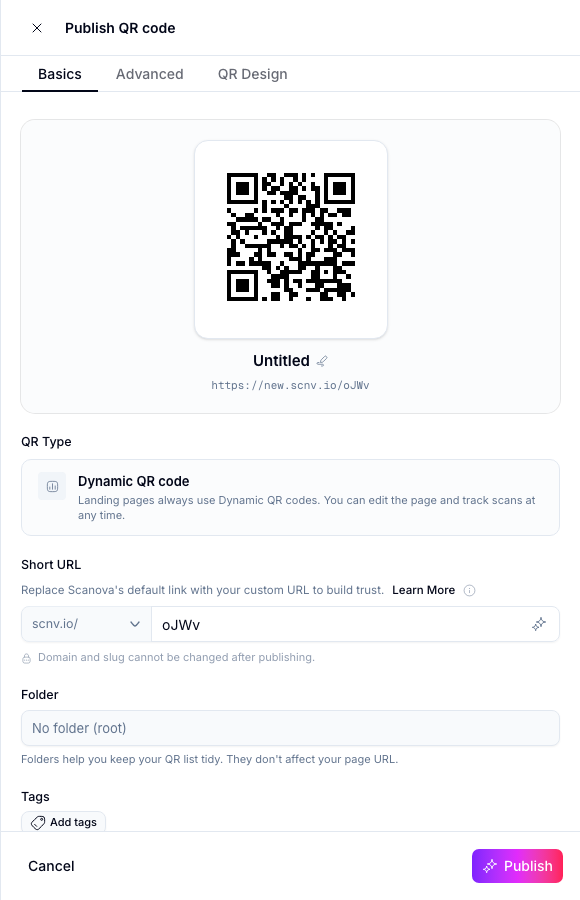 Publish QR code panel showing a QR code preview, editable name, Short URL slug field, QR Type (Dynamic QR code), Folder picker, and Tags field, with Cancel and Publish buttons
