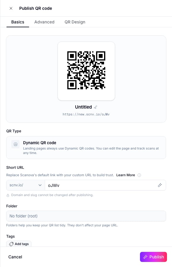 Publish QR code 面板显示二维码预览、可编辑名称、Short URL slug 字段、QR Type(Dynamic QR code)、文件夹选择器和 Tags 字段,以及 Cancel 和 Publish 按钮