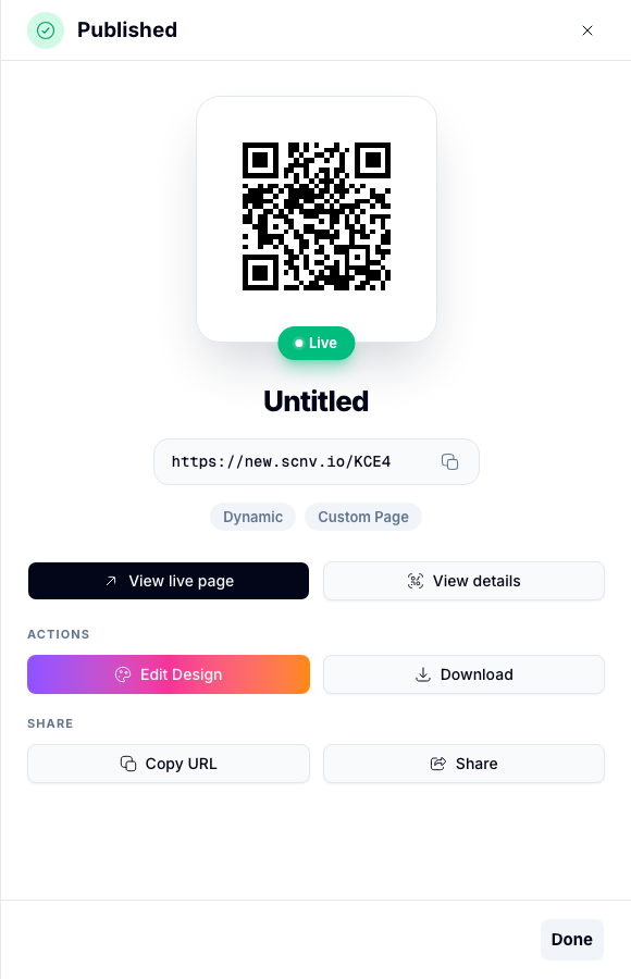 Published confirmation panel with a green Live badge, QR code image, live URL, and action buttons including View live page, View details, Edit Design, Download, Copy URL, and Share