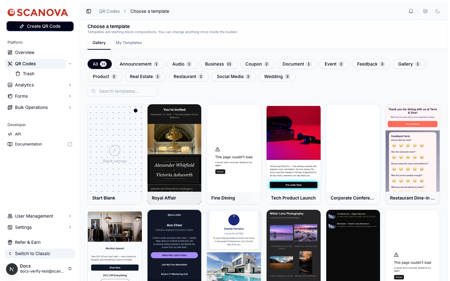 Choose a template screen with the Gallery tab active, category tag filters along the top, and a grid of template preview cards including Start Blank, Royal Affair, Fine Dining, and Tech Product Launch