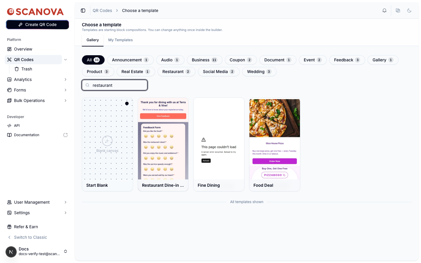 Template gallery filtered by the search term restaurant, showing Start Blank, Restaurant Dine-in Feedback, Fine Dining, and Food Deal template cards
