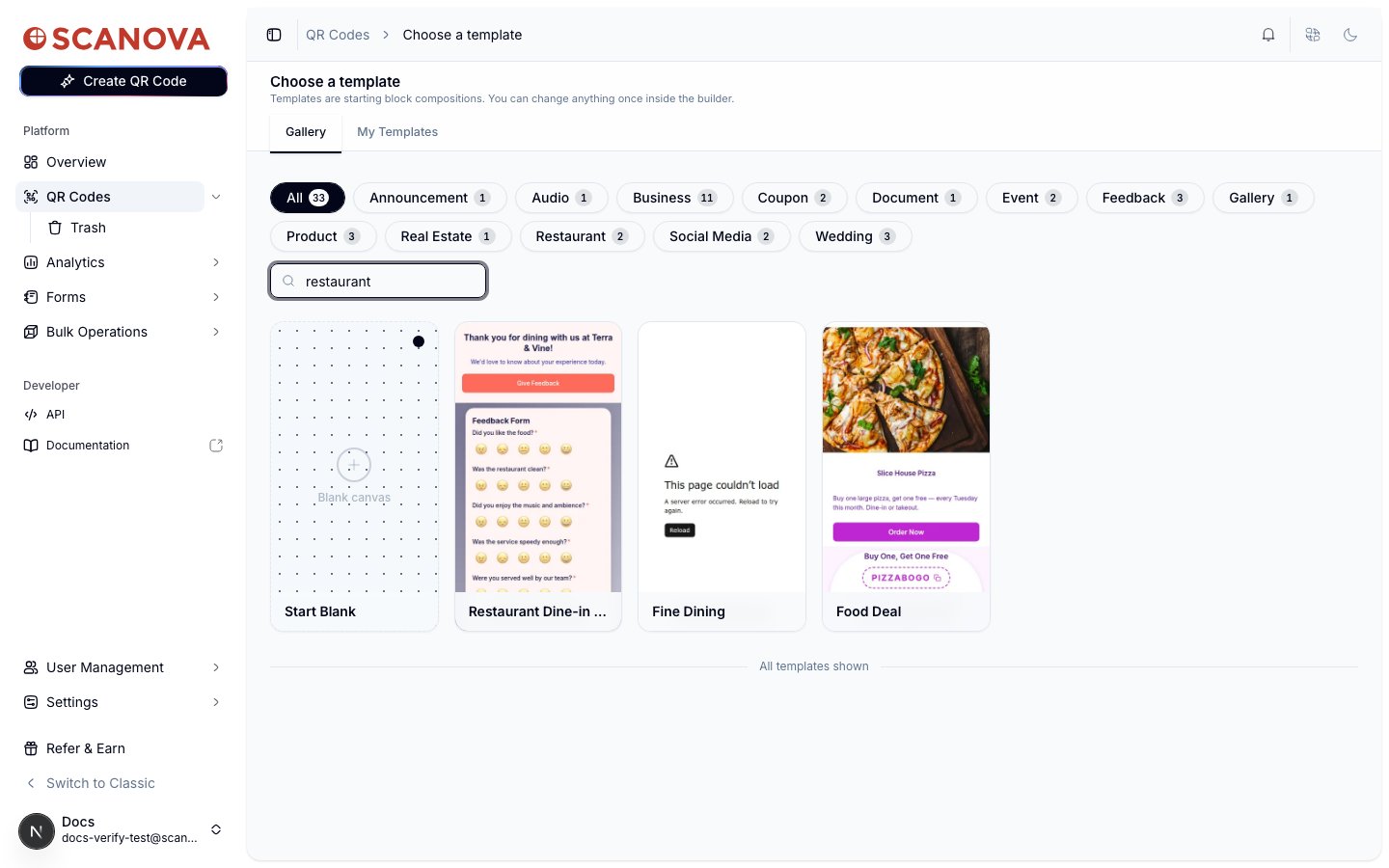 معرض القوالب مصفّى بمصطلح البحث restaurant، يعرض بطاقات Start Blank وRestaurant Dine-in Feedback وFine Dining وFood Deal