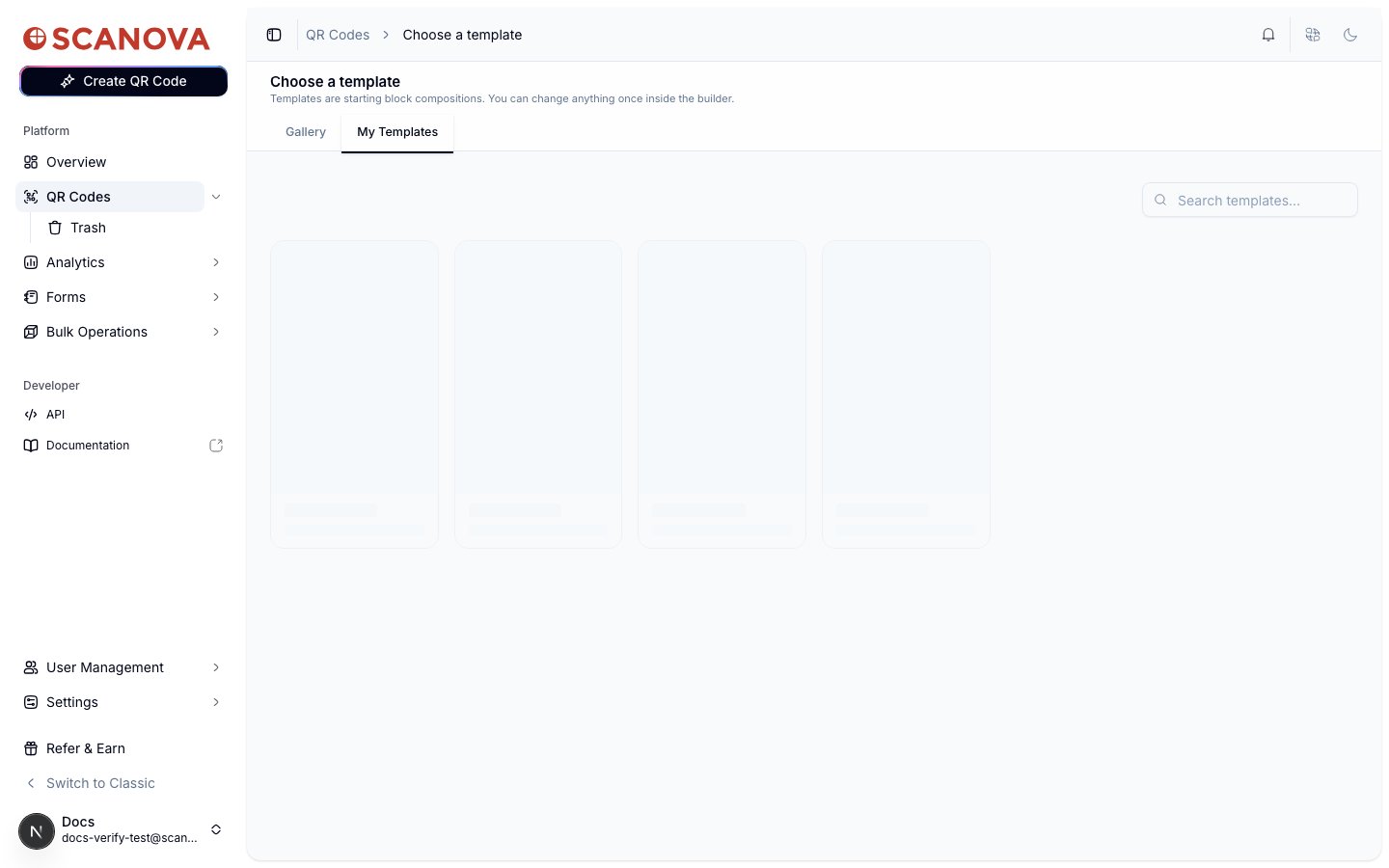 علامة تبويب My Templates تعرض حالة فارغة مع رسالة «You haven't saved any templates yet.» وزر Go to the builder