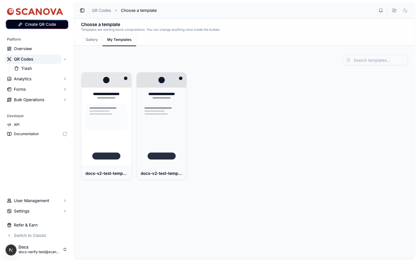 My Templates tab showing a saved template card named docs-v2-test-template, with a preview of its blocks