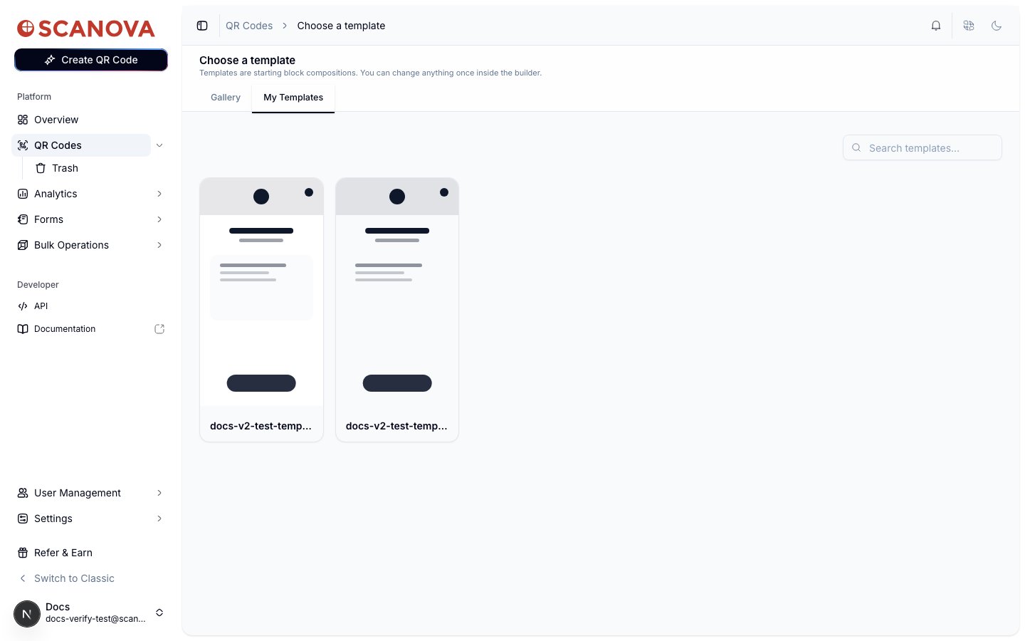علامة تبويب My Templates تعرض بطاقة قالب محفوظ باسم docs-v2-test-template، مع معاينة لكتله