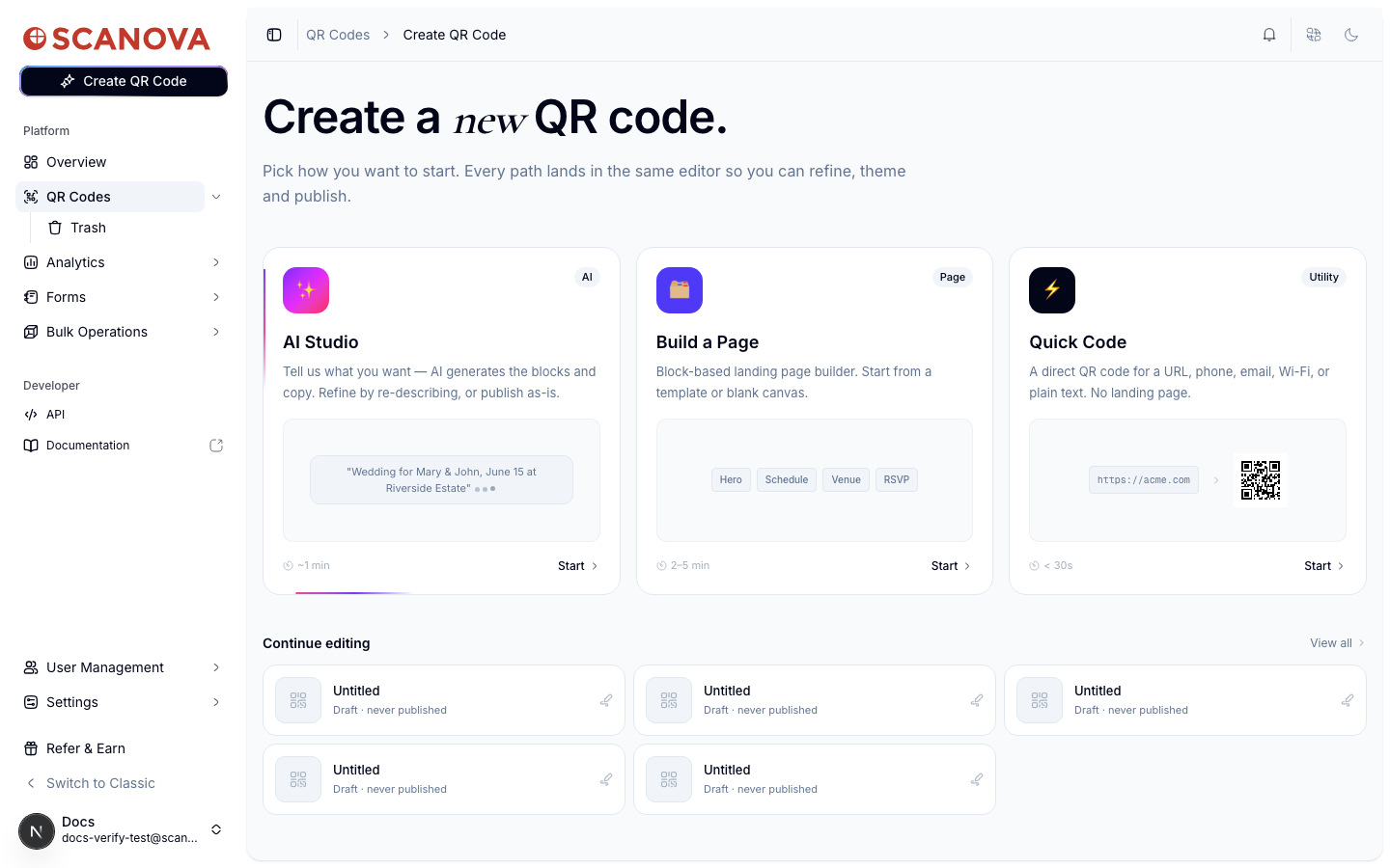 Create a new QR code screen showing three cards: AI Studio, Build a Page, and Quick Code, with Build a Page in the middle